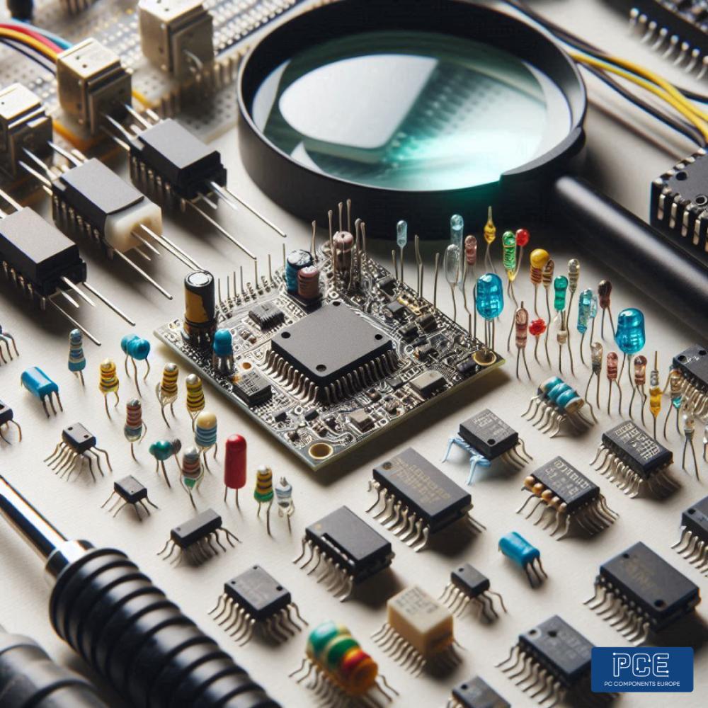 microcontroller pic su un tavolo con una lente di ingrandimento o una lente d'ingrandimento  pic microcontroller controladores pic pc components europe